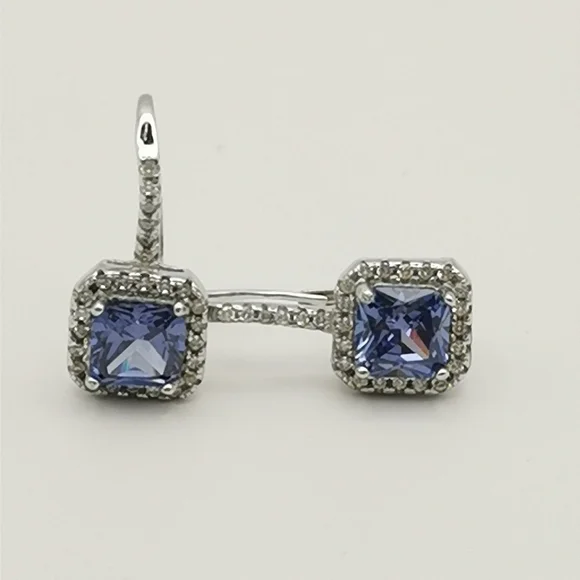 Sterling Silver CZ Sapphire CZ square cut earrings lever backs - Picture 2 of 9